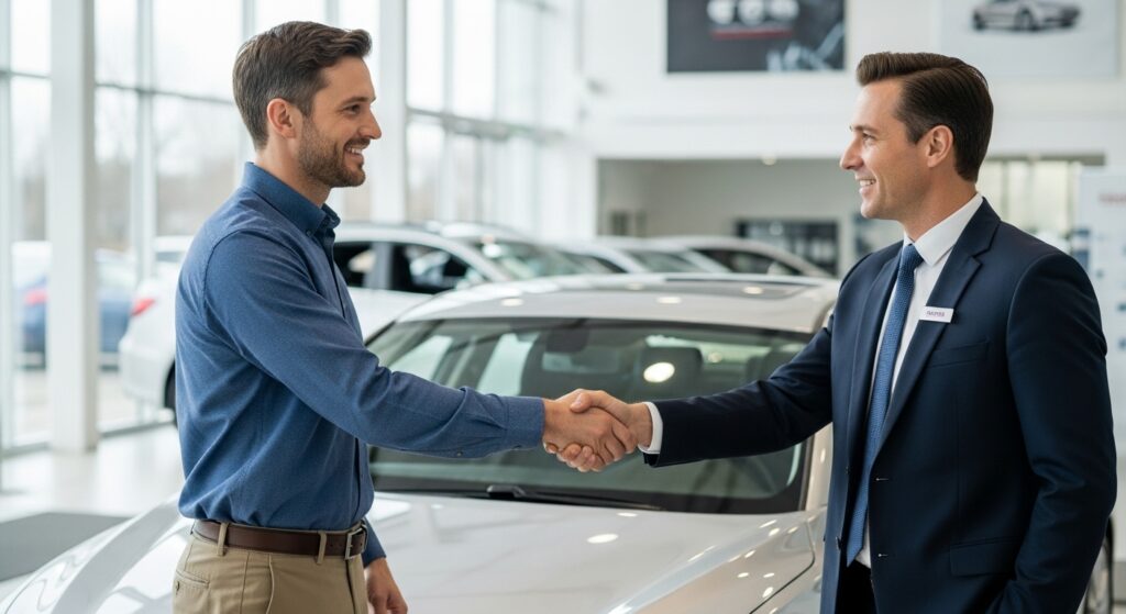 A car buyer and dealership salesperson shaking hands