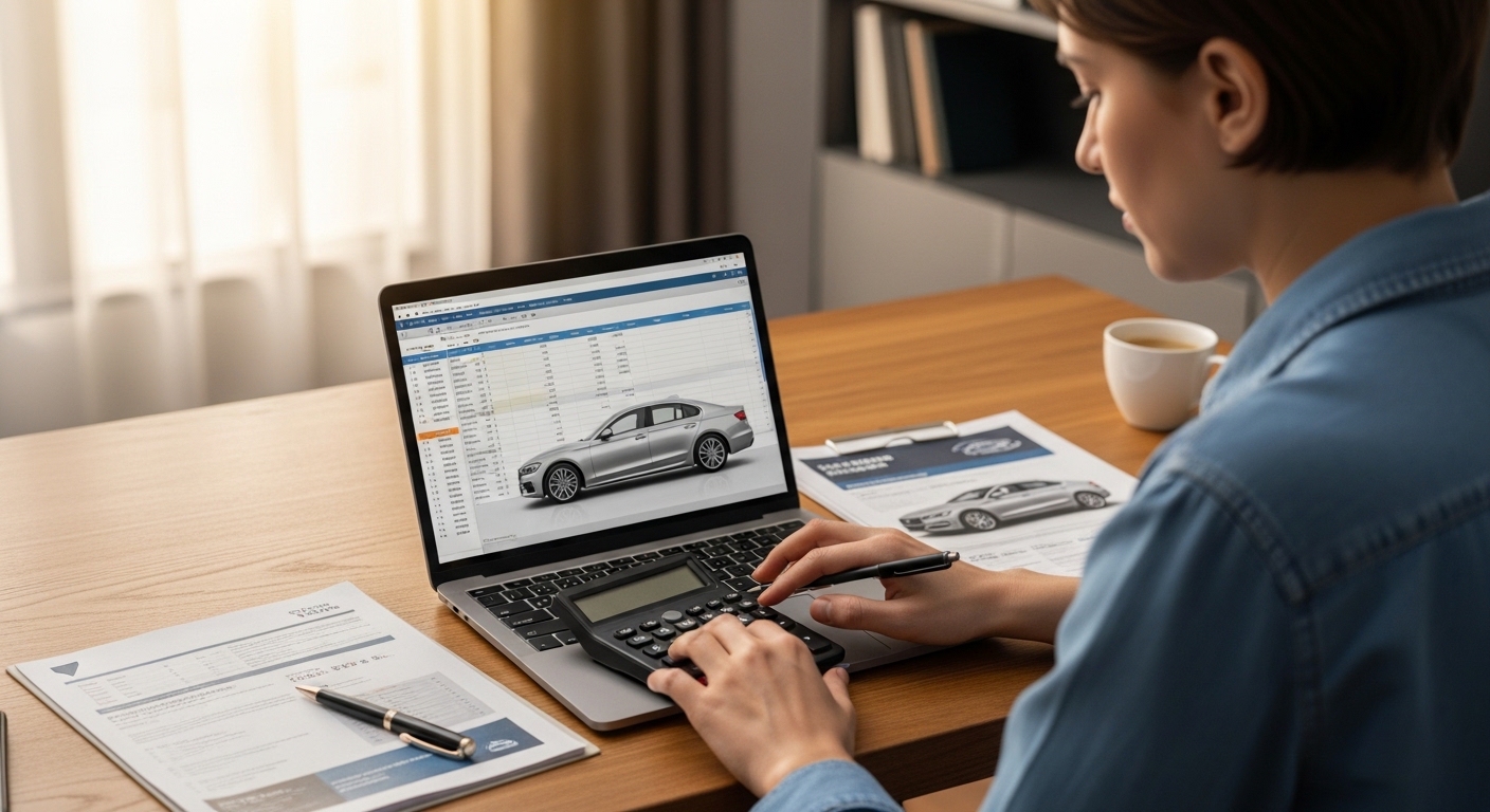A person calculating car expenses at a desk with a calculator, laptop, and car brochure