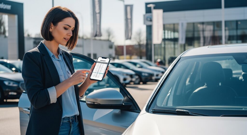 A confident car buyer standing beside a vehicle